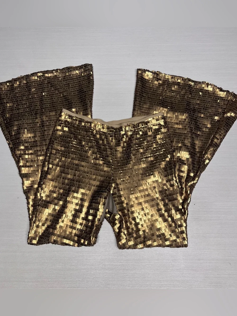Free People Gold Party Flare Bell Bottom Sequin Pants.